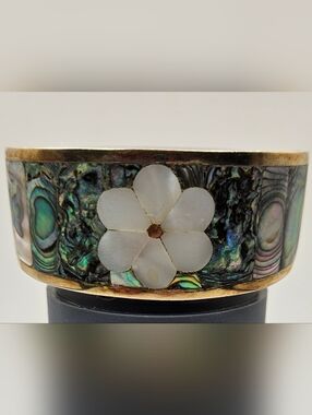 Mexican Alpaca Silver Cuff Bracelet Blue Green Abalone Inlay White MOP Flower